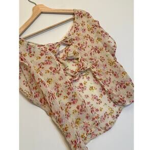 Dots‎ Floral Bow Back Blouse Womens XL Cream Short Sleeve Sheer Chiffon Top
